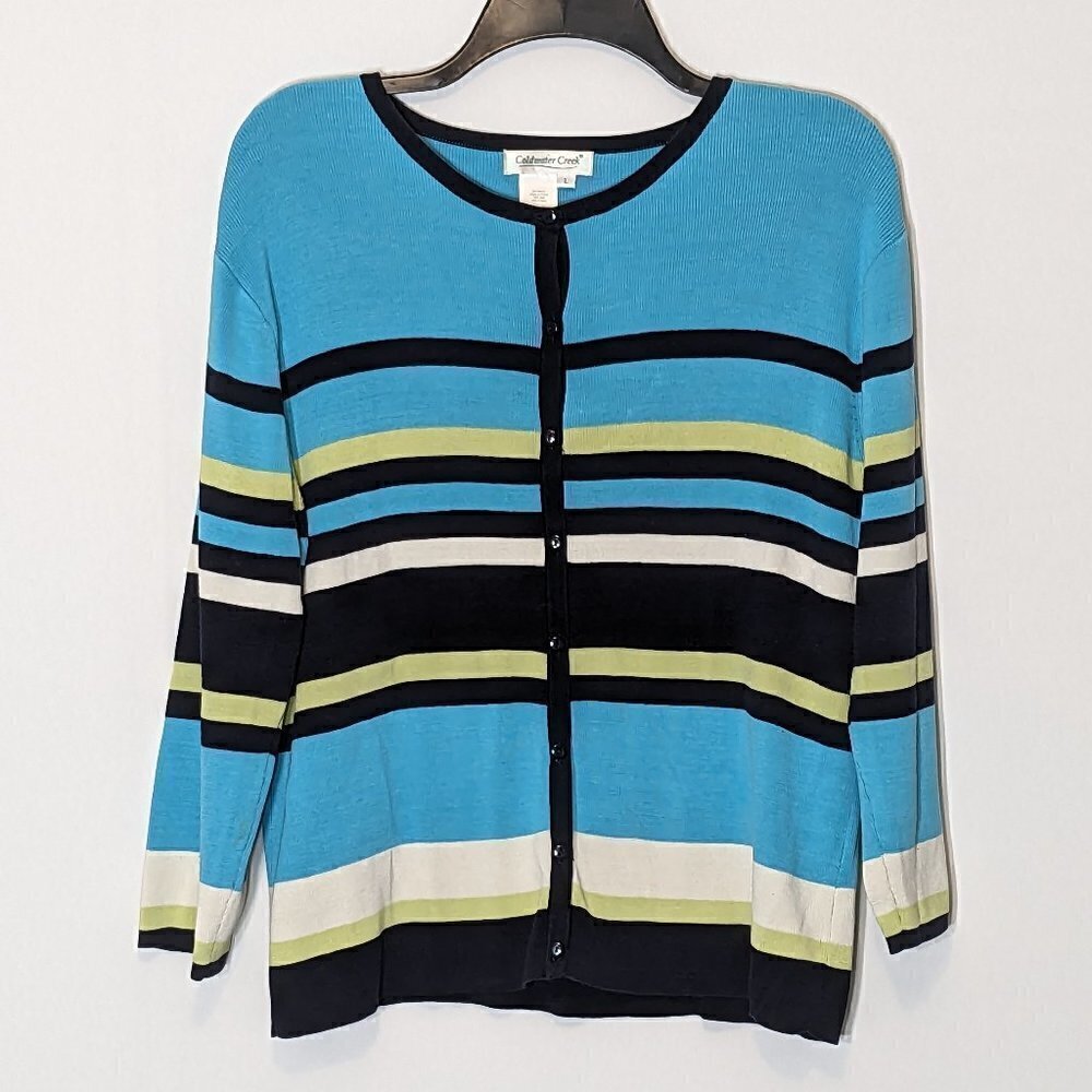Women's "Coldwater Creek" Teal/Black Striped Silk Blend Cardigan Sweater; Size L